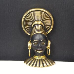 Vintage Art Deco Tribal Queen Black Enamel Gold Tone Brooch